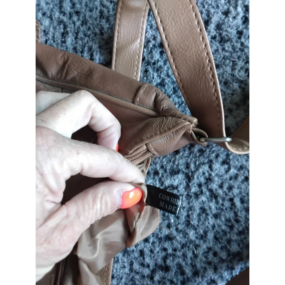 Genuine Cowhide Leather Shoulder Bag Tan Brown Multi Pocket Hobo Purse